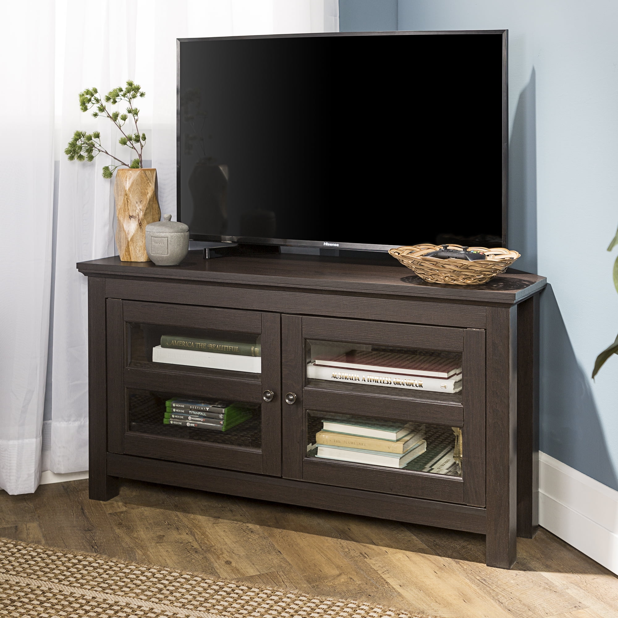 Details About Corner Tv Stand Home Living Room Espresso Entertainment Wood Furniture Console