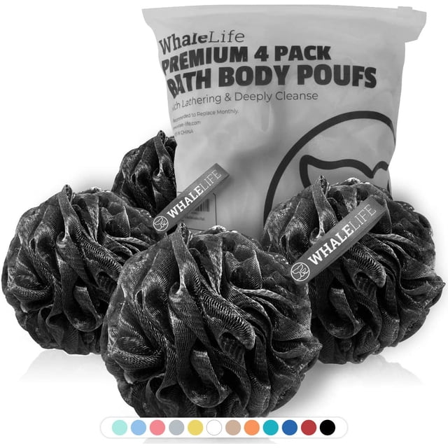 Esponja de baño de esponja de lufa para mujeres y hombres, paquete de 4 (rosa, azul, amarillo, gris)