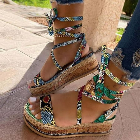 

Women Snake Sandals Platform Heels Cross Strap Ankle Lace Peep Toe Beach Shoes