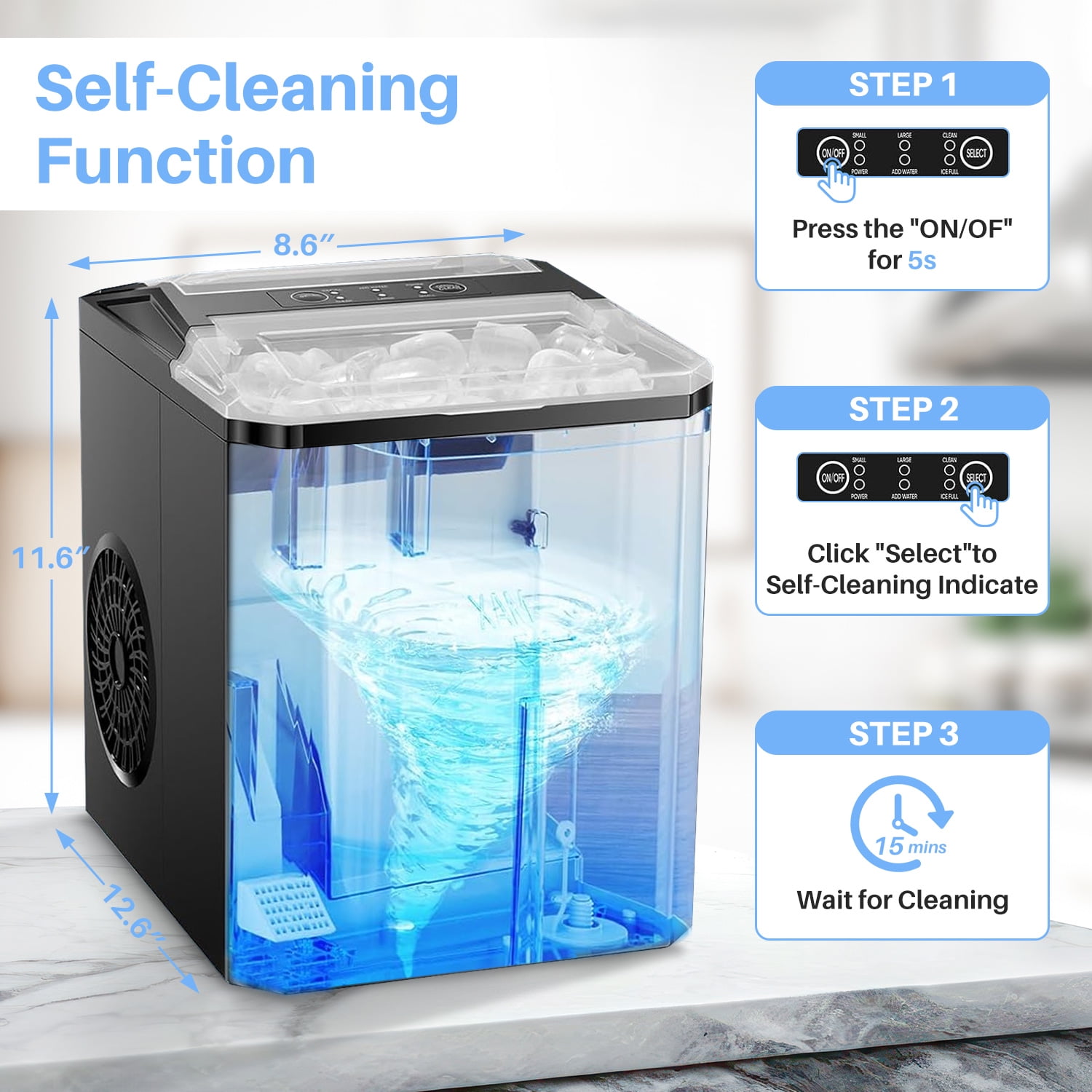 Ice Maker, 9 Cubes in 6 Mins, 26lbs/24Hrs, Portable Countertop Icemaker, Self Cleaning Quiet 2 Sizes, with Ice Scoop, for Home/Kitchen/Camping/RV, Black