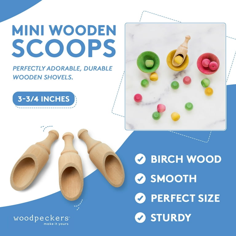 Mini Wooden Scoopers Assorted Sizes, Unfinished, for Bath Salts & Jars, Woodpeckers