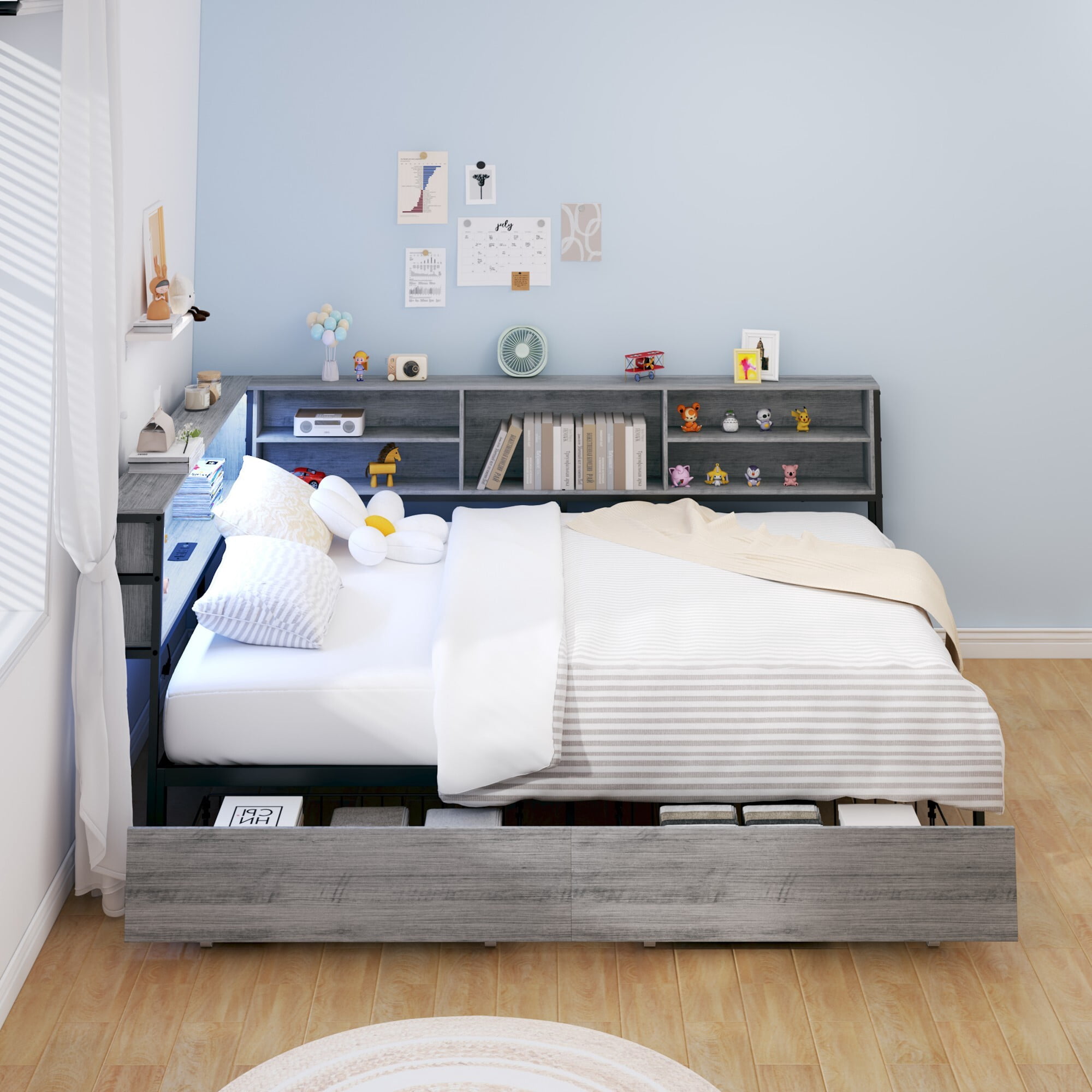 AENKYO Full Size Corner Daybed Frame with 2 Drawers, Bookcase Headboard, Charging Station, and Smart LED Lights, Gray