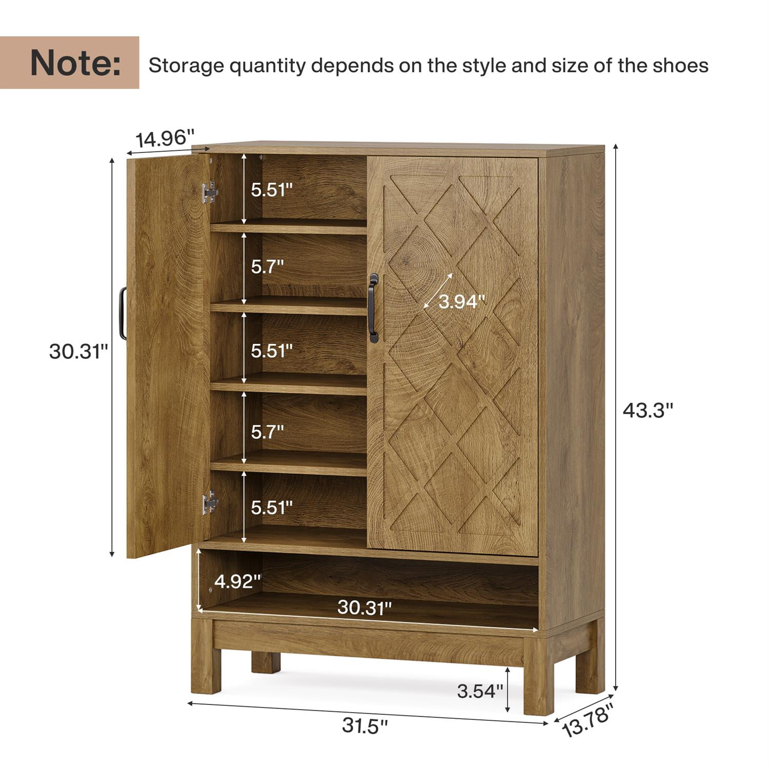 Demi Bonn 43" Solid Wood Shoe Storage with Intricate Carvings, Entryway Cabinet for Home Organization, Brown
