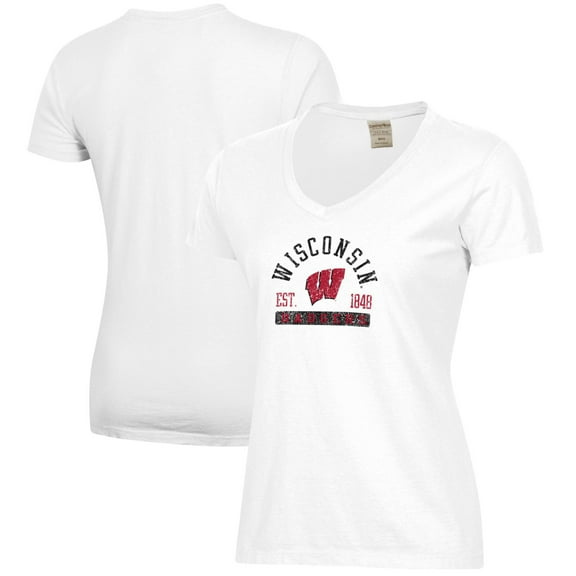 Women's  White Wisconsin Badgers Arch Logo Comfort Wash V-Neck T-Shirt