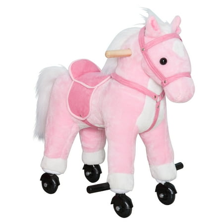 Qaba Kids Plush Toy Ride on Walking Horse with Wheels and Realistic Sounds -