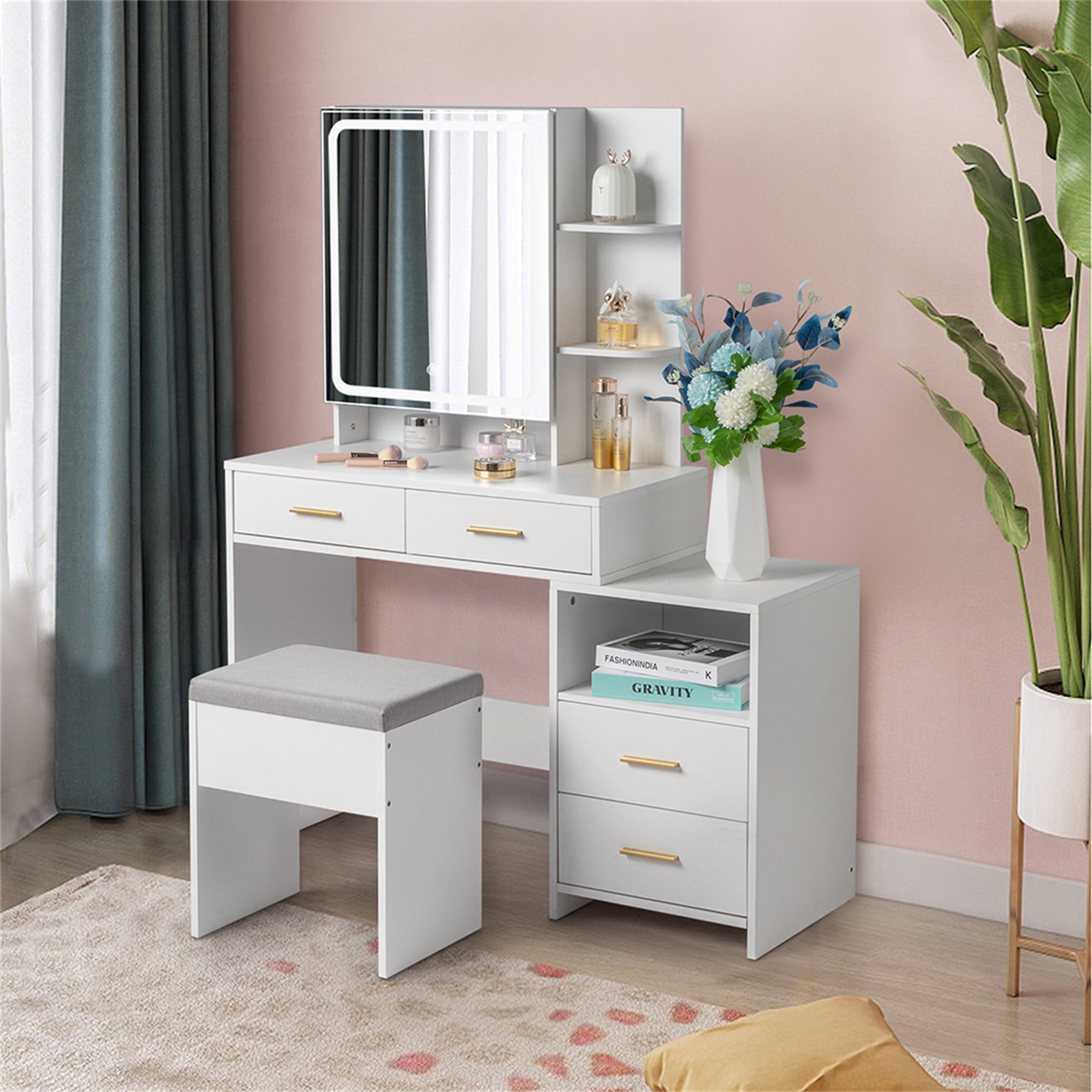 Kadyn Makeup Vanity with 4 Drawers and Mirror, Dressing Table Set Led Three-Tone Light, White