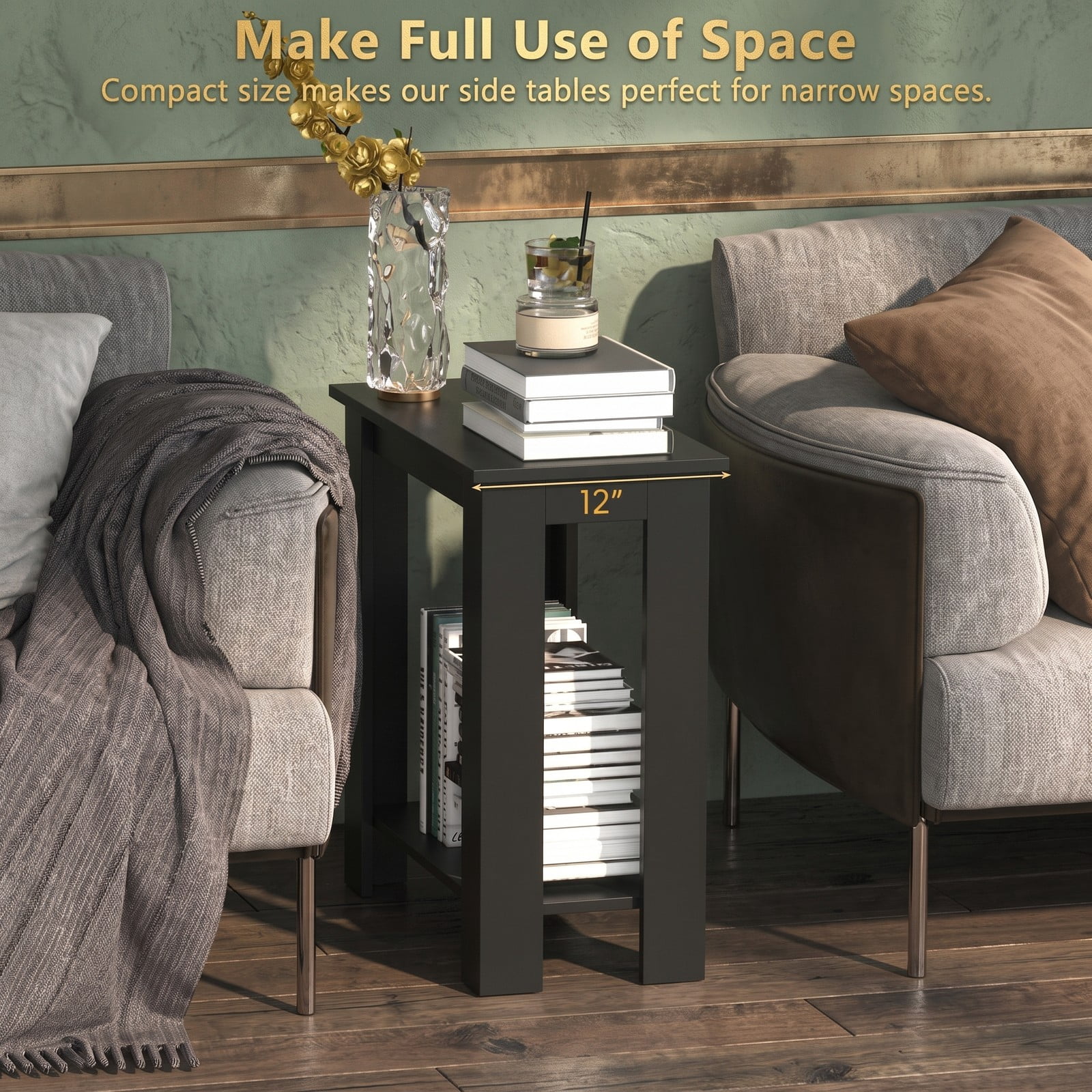 Furnibear 2-Tier Modern End Table with Storage Shelf, Compact Wooden Nightstand Sofa Side Table for Living Room Bedroom Small Spaces, Black