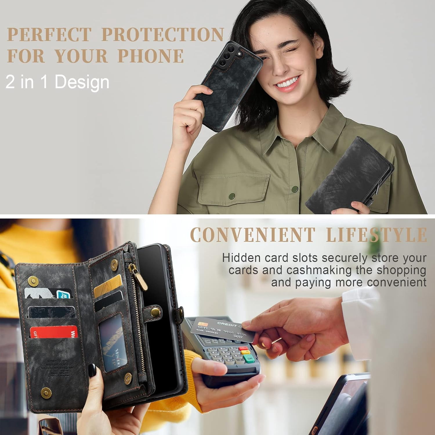 Asuwish Compatible with Samsung Galaxy S21 5G 6.2 inch Phone Case Zipper Wallet Detachable Tempered Glass Screen Protector Crossbody Strap Flip Card Holder Slot Cell Cover for S 21 21S G5 Women Black