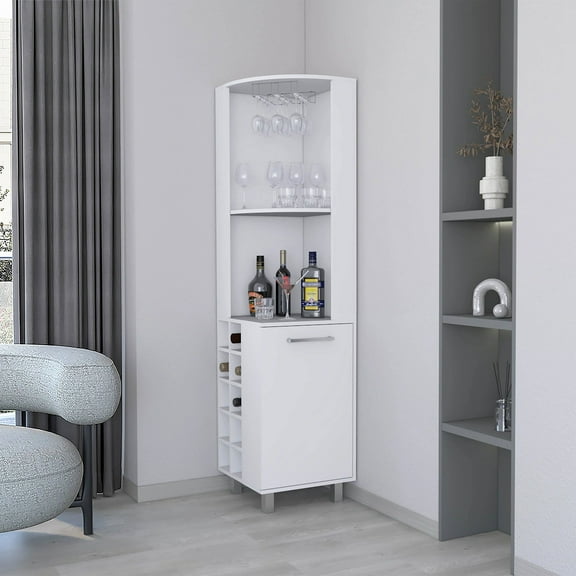 Living Room Cabinets White Corner Bar Cabinet with Glass Holder and Wine Rack,Primary Living Space Cabinets