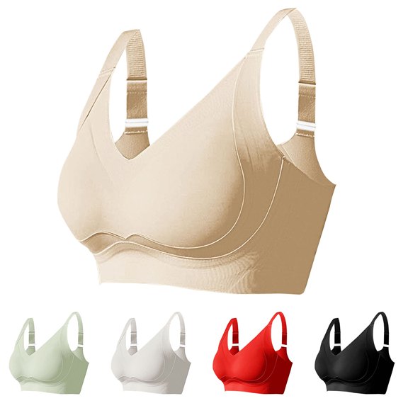Gymayou Women Plus Size Wireless Sports Bra Push Up Support Yoga Workout Bralette Breathable Adjustable Strap Beige L