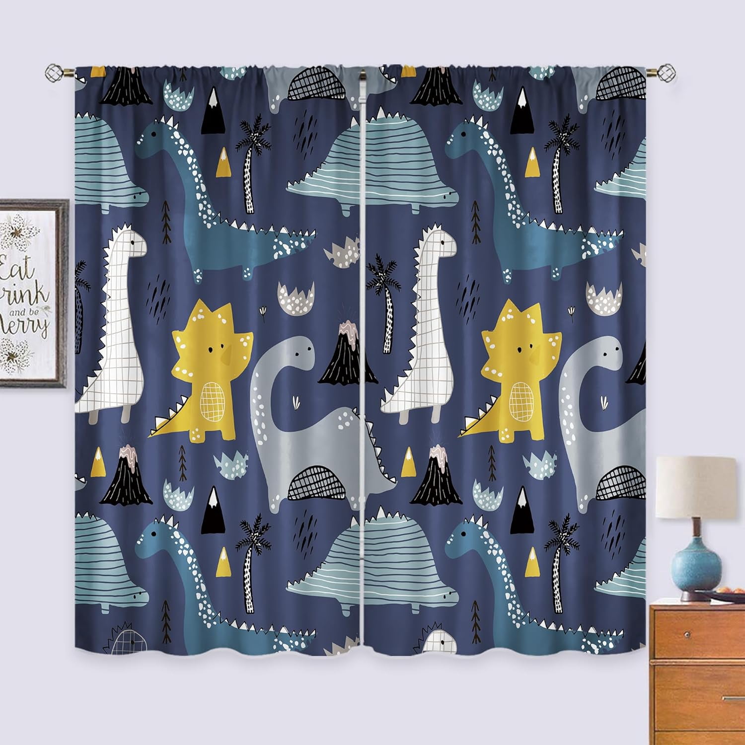 Kids Dinosaur Curtains 42Wx63H Inch Rod Pocket Cute Cartoon Dark Blue Dino Toddler Nursery Funny Animal Art Printed Room Decor Living Room Bedroom Window Drapes Treatment Fabric 2 Panels