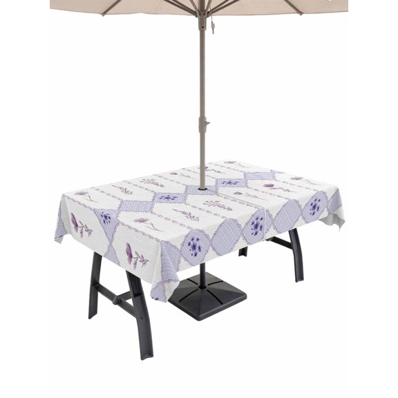 Outdoor Tablecloth with Umbrella Hole for Patio/Picnic/Party/Camping, Purple Flowers Geometric Waterproof Table Cloth Rectangle Table Cover Washable, Spring Floral Elegant Pastoral (54"x 80")