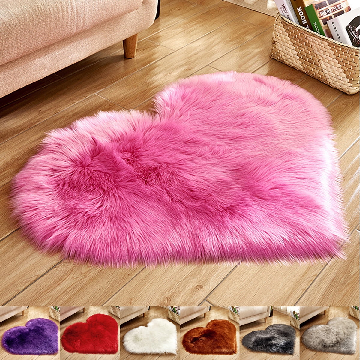 Travelwant Heart Shaped Soft Faux Sheepskin Fur Area Rugs for Home Sofa Floor Mat Plush Fluffy