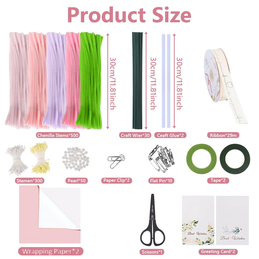 Pink & Green Pipe Cleaners for DIY Flowers & Crafts – 500 PCS 5 Colors Chenille Stems with Glue Guns & Tape Measure – Perfect for Family Fun & Creativity, Holiday & Room Decorations