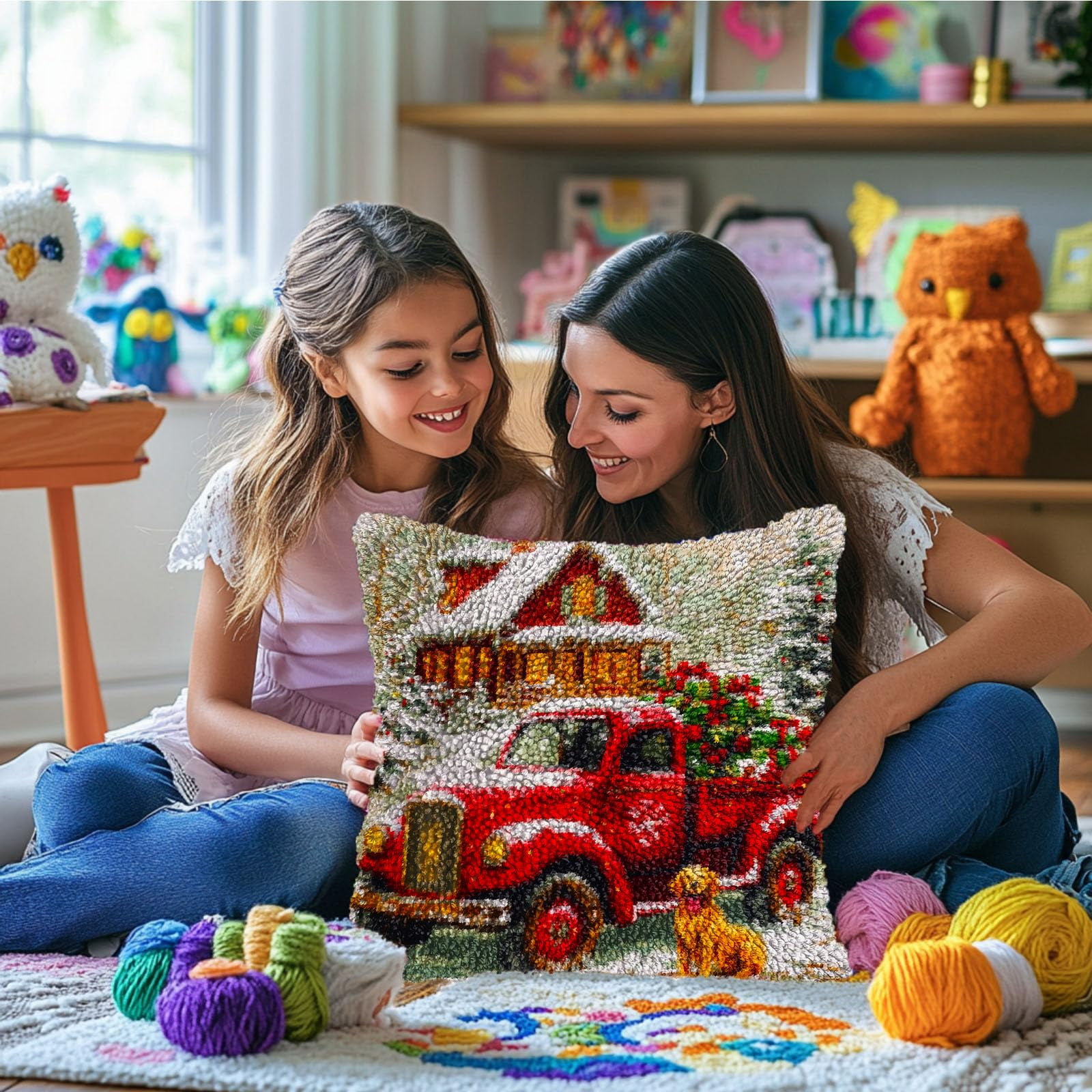 DIY Latch Hook Pillow Kits Red Truck with Christmas Trees Printed Pillowcase Crochet Yarns Hooking Handmade Pillow Cover Cushion for Home Sofa Decoration 17x17inch-2
