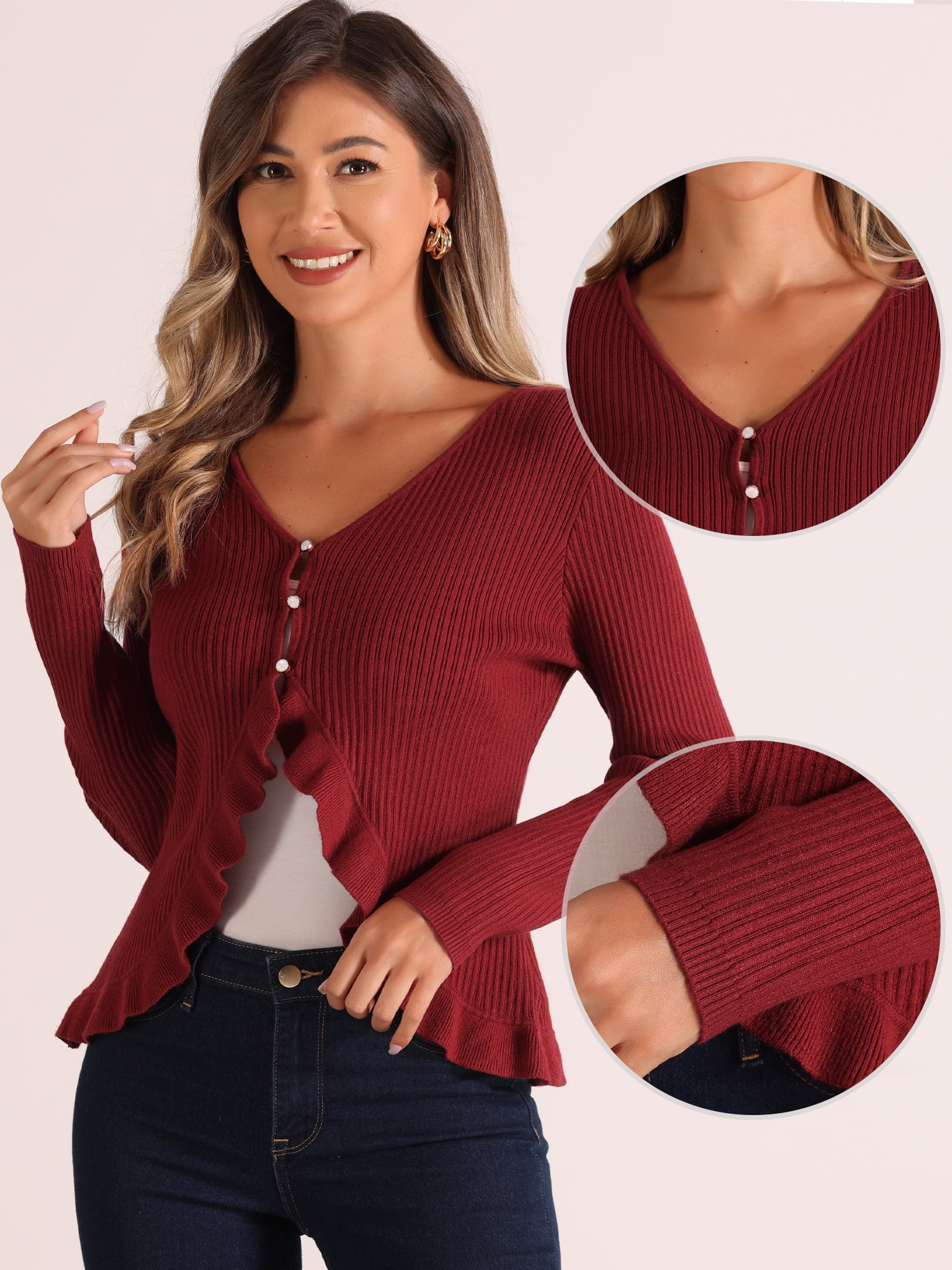 DARING DIVA Women's Ruffle Cardigan V Neck Long Sleeve Open Front Knit Bolero Shrugs M Dark Red