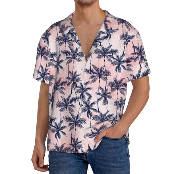 Fotbe Tropics Palm Trees Camisa Estampada de Manga Corta para Hombre, Casual de Verano, Estilo Playero, Sin Arrugas-Small