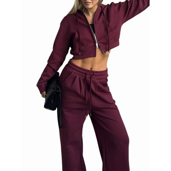 Womens 2 Piece Casual Outfit Workout Hoodie Sweatsuits with Sweatpant Travel Airport Track Suits Lounge Sets Dark Red L