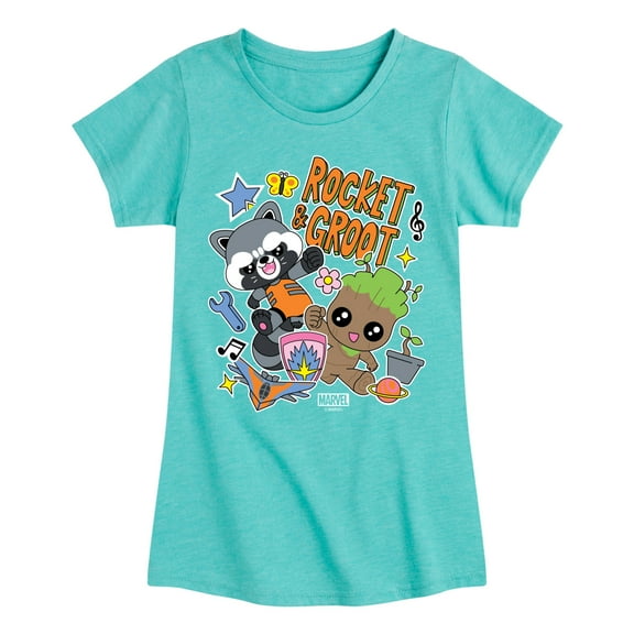 Marvel Guardians of the Galaxy - Groot And Rocket Stickers - Toddler And Youth Girls Fitted Short Sleeve Graphic T-Shirt