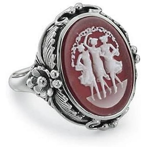 Sagefinds Red Agate Three Muses Cameo and Sterling Ring for Women Perfect Classic Jewelry Gift - Size 8