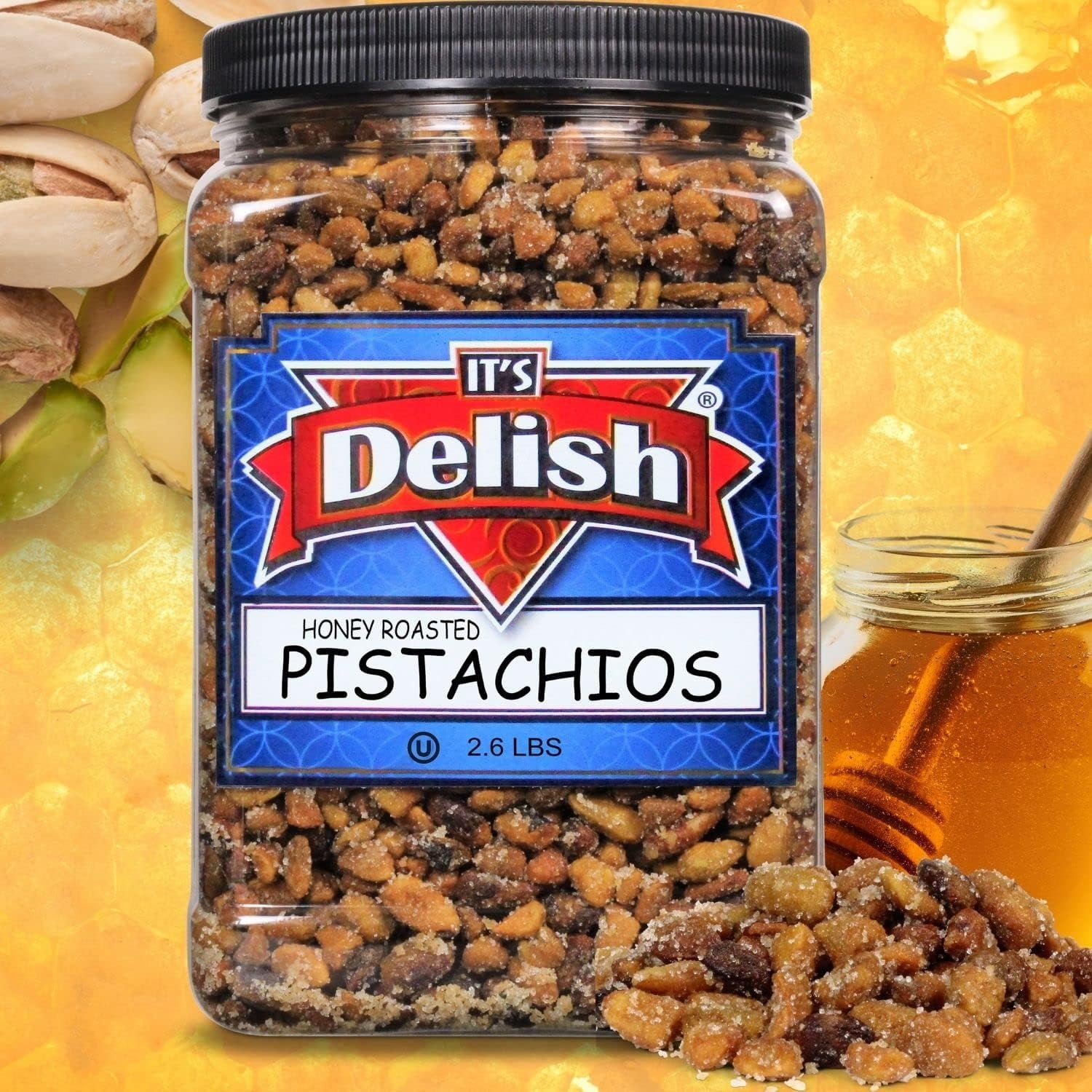 Honey Roasted Pistachio Shelled, No Shell by It's Delish, 2.6 LBS Reusable Jumbo Container  Gourmet Pistachio Shelled, No Shell Nuts in Honey Sugar Coating, Sweet & Heart Healthy Salted Nut,...