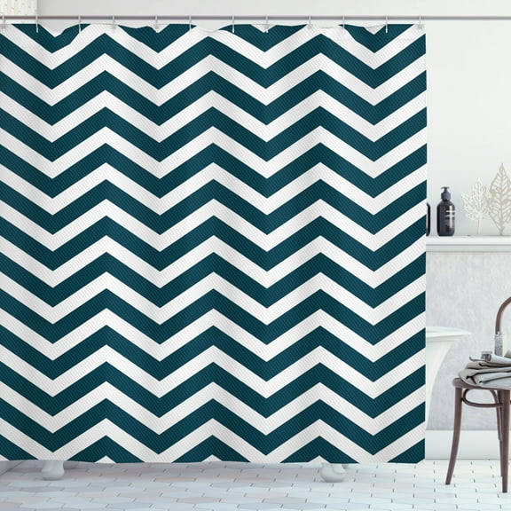 Ambesonne Navy Shower Curtain, Zigzag Chevron Blue Lines, 69"Wx75"L, Navy Blue and White