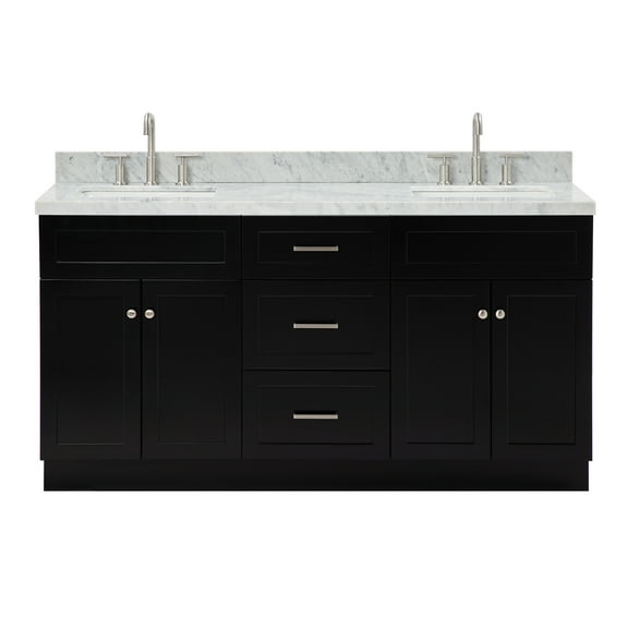 Ariel Hamlet 67 Inch Double Rectangle Sink Vanity With Carrara White Marble Countertop W/ 1.5 Edge In Black