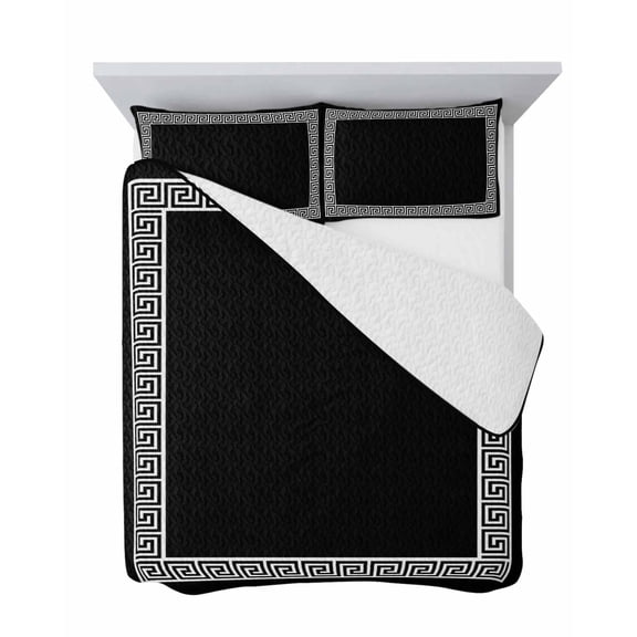 Black 3 Piece Quilt Set Queen Size, Greek Chinese Style Soft Bedspread Coverlet Bedding Set Microfiber Lightweight Comforter Set with 2 Pillowcases for Bedroom