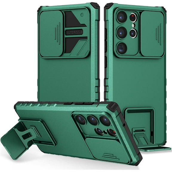 for Samsung Galaxy S23 Ultra Case with Slide Camera Cover, [Military Drop Protection] [Snug Touch] Hard Back & Soft Edge Phone Case with Stereo Bracket for Samsung S23 Ultra LTT Dark Green