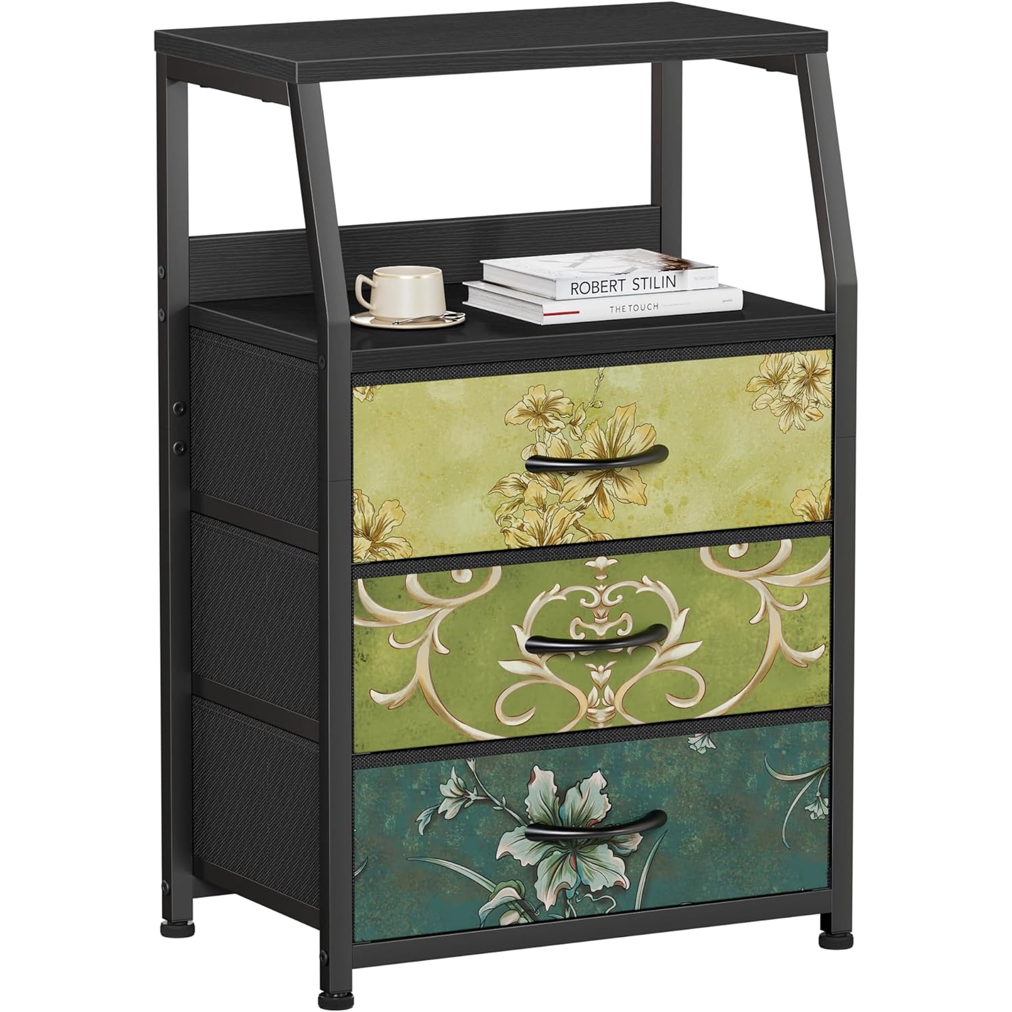 Retro NightStand with 3 Drawer Small Vintage Storage Dresser | Small Fabric Night stand Side Table with 2-Tier Shelf Storage Drawer for Dorm Closet Bedside Table Metal Frame Wood Top
