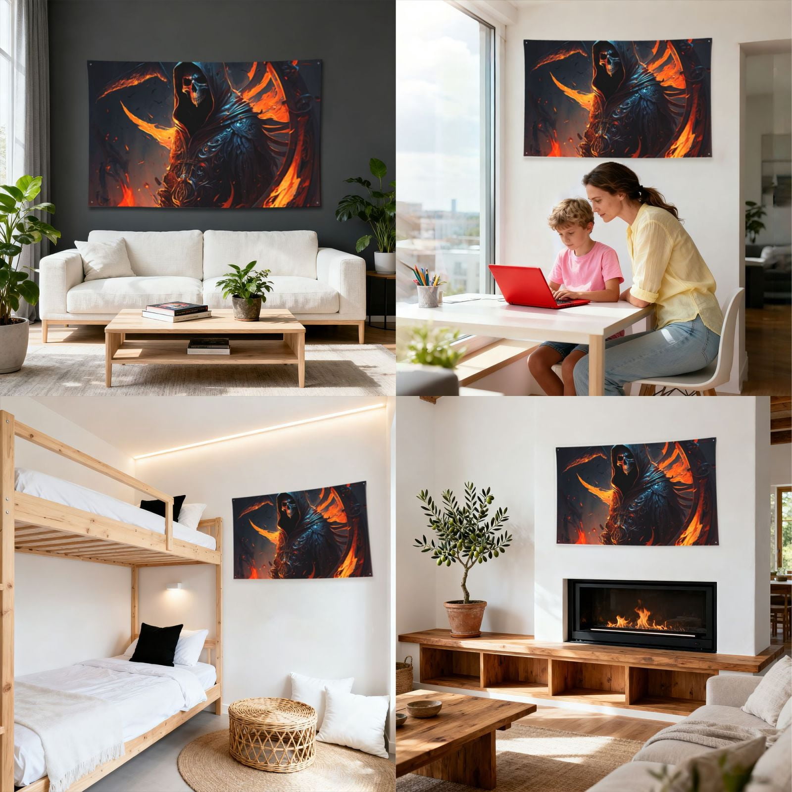 Grim Reaper On Fire Burning Four Hole Decorated Banner Flag for Garden Yard Home Decoration Indoor Outdoor 4x6 Ft
