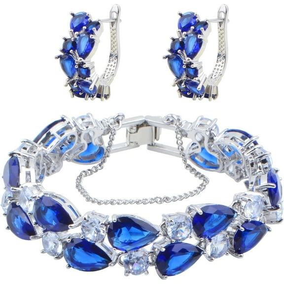 Women Jewelry Set, Platinum Plated Cubic Zirconia Blue Rhinestone Bracelet Open Ring Earrings Birthday Wedding Mother’s Day Jewelry Gifts for Women