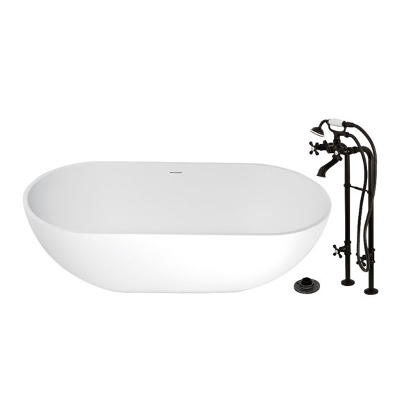 Kingston Brass KRTRS7035266K5 70-Inch Solid Surface Oval Double Ended Freestanding Tub with Faucet Combo and Drain in Oil Rubbed Bronze