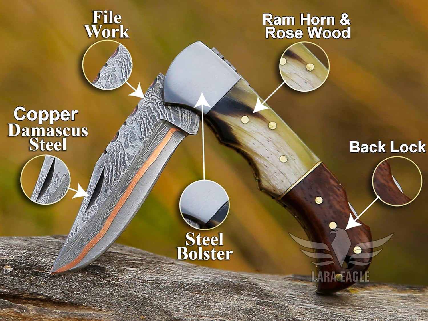 Copper Damascus Pocket Knife – Ram Horn & Rose Wood Handle, Folding Tactical Hunting Knife with Sheath & Sharpener – Great for Camping, Hiking, and Survival