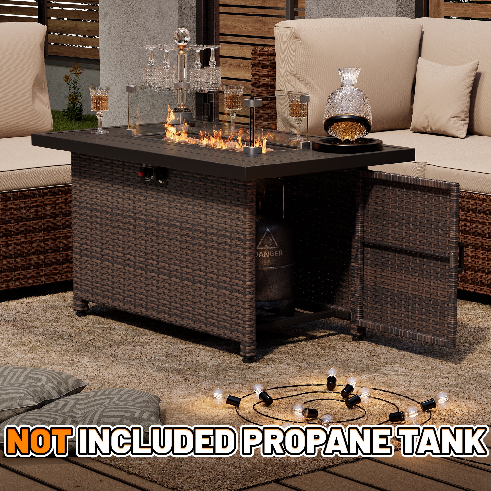 44 Inch Outdoor Wicker Fire Pit Table, 50000 BTU Propane Fire Pits with Glass Wind Guard and Lid, Patio Gas Fire Pit for Outside Patio and Garden(Brown)