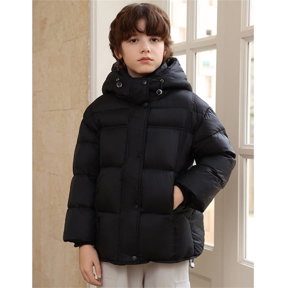 Kids Thickened Hooded Puffer Jacket, Boys & Girls Warm Winter Coat with Thermal Insulation, Casual Outdoor Snowwear for Extreme Cold Weather Protection Black