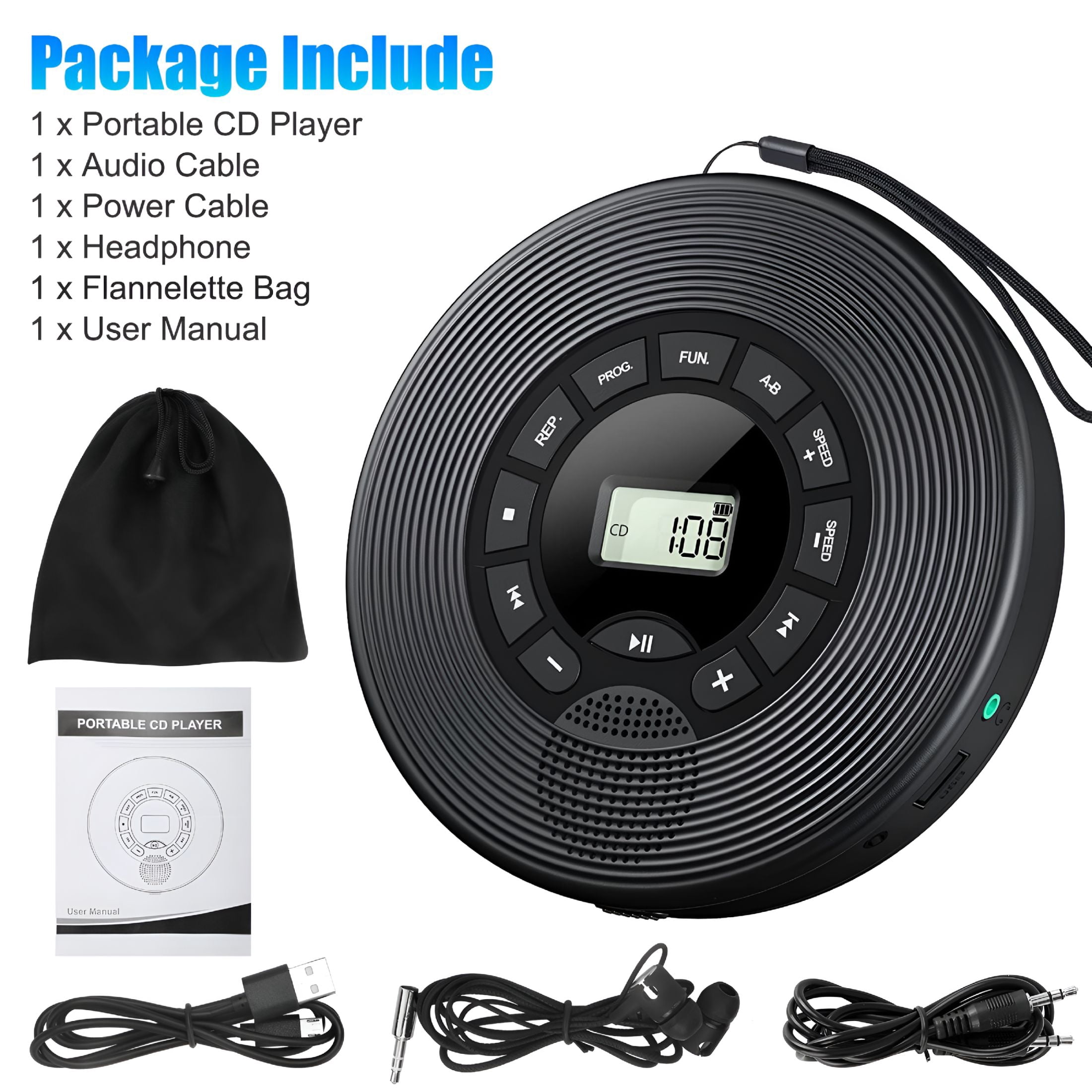 GJX 2026 New Portable Cd Player,Rechargeable Cd Walkman with Hifi Speaker,Personal Anti-Skip Cd Music Player with Lcd Display/Mp3/Headphone Jack/Aux Input Output for Cars Home Travel Adults Teens