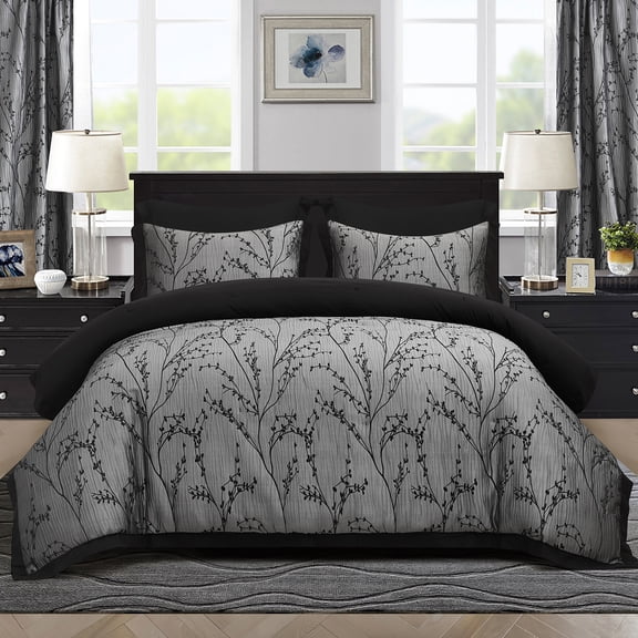 7PC Gray Jacquard Patchwork Comforter Set with Matching Curtains, Bed in a Bag,Queen