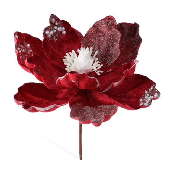 Christmas Glitter Magnolia Flowers Christmas Tree Velvet Magnolia Artificial Flowers Fake Magnolia Poinsettia Flowers for Xmas Party Tree Xmas Wreath Holiday Home Decor 6Inch