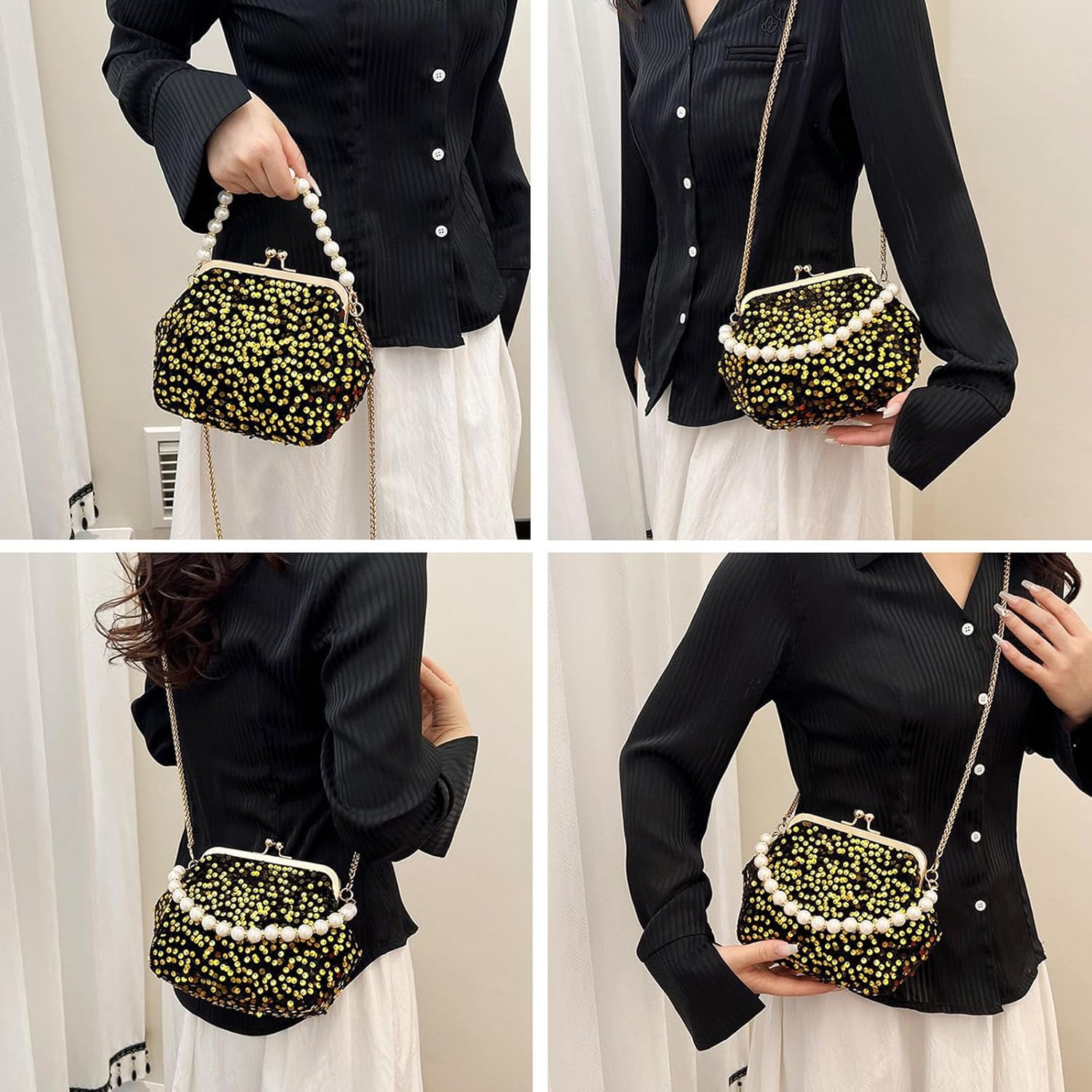Evening Clutch Purses for Women, Glitter Sequin Crossbody Bag, Elegant Evening Handbag with Pearl for Wedding, Prom