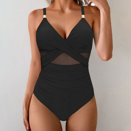 BLTIBY Women One Piece Swimsuits Slimming Mesh Sheer Tummy Control Bathing Suit Solid Colour V Neck Wraps High Waisted Swimwear Black S