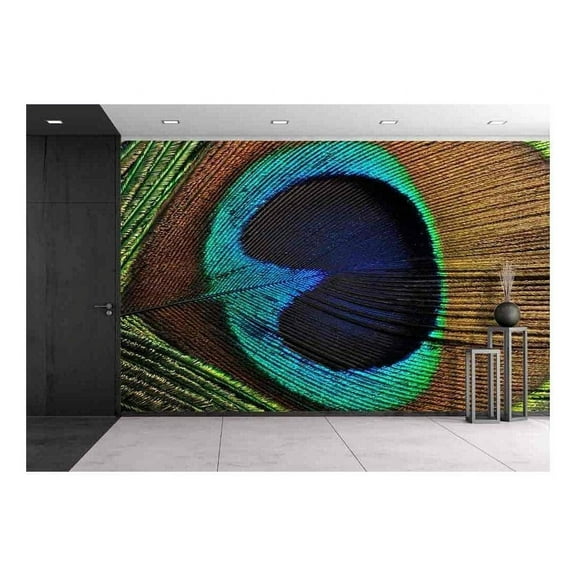 wall26 - Beautiful Peacock Feather, Close Up, Micro Shot - Removable Wall Mural | Self-Adhesive Large Wallpaper - 100x144 inches