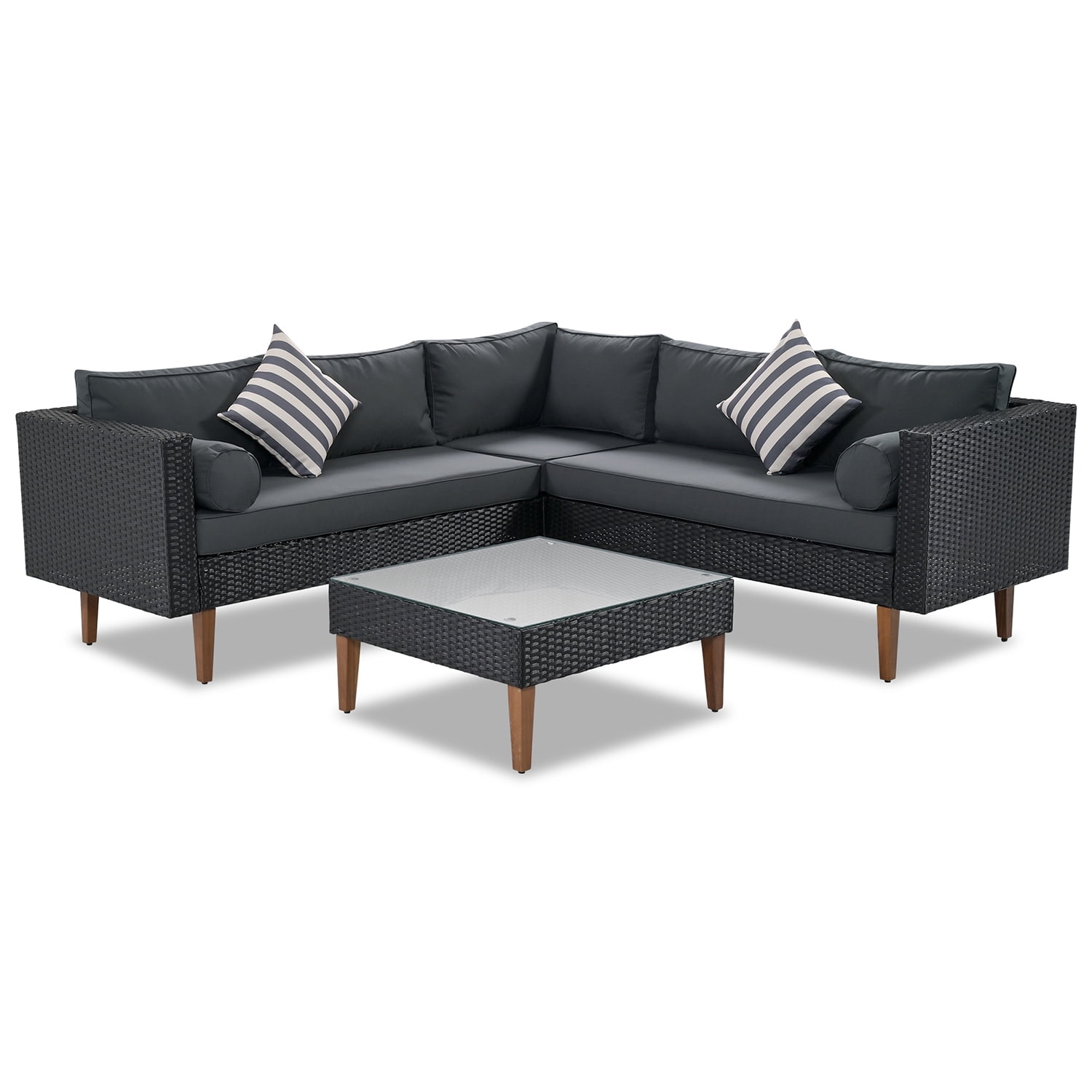 Kadyn 4-pieces Outdoor Wicker Sofa Set, Wicker Patio Furniture with Colorful Pillows, Modern L-shape sofa set for Garden, Black+ Gray Kadyn 4-pieces Outdoor Wicker Sofa Set, Wicker Patio Furniture with Colorful Pillows, Modern L-shape sofa set for Garden, Black+ Gray