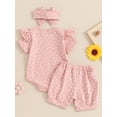 thumbnail image 4 of Nygoyerh Baby Girls Summer Cute Outfits Floral Print Short Sleeve Romper + Drawstring Shorts + Headband 3Pcs Newborn Infant Casual Shorts Sets 3M 6M 12M 18M, 4 of 9