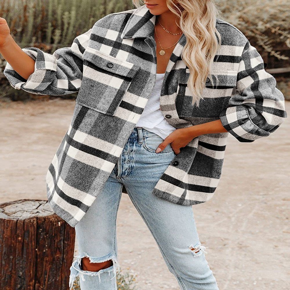 Womens Casual Plaid Shacket Wool Blend Button Down Long Sleeve