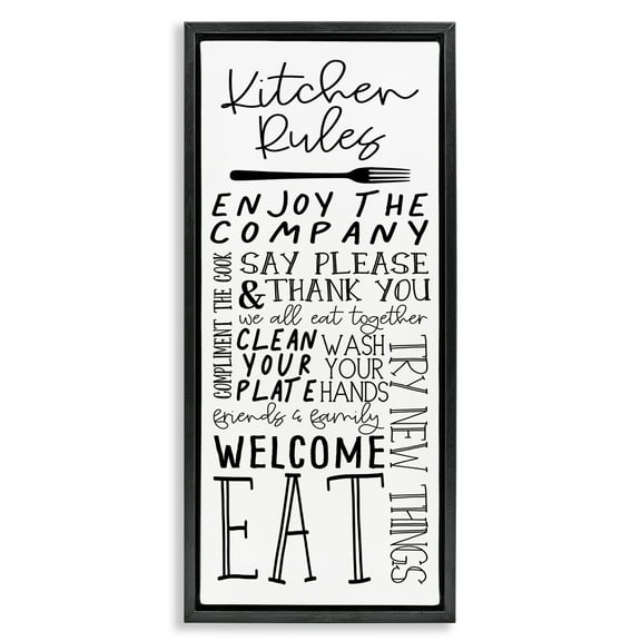 Stupell Industries Kitchen Rules Typography Food & Beverage Painting Black Floater Framed Canvas Art Print Wall Art, 11 x 25