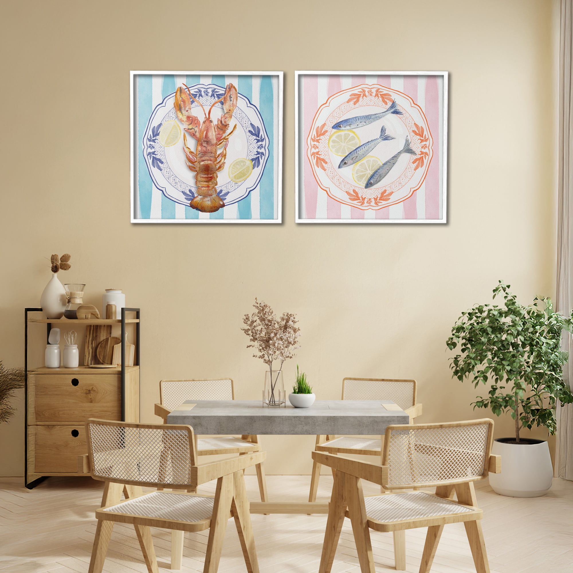Stupell Industries Lobster & Sardines Plates 2 Piece White Framed Giclee Art Set, design by Christie Adams