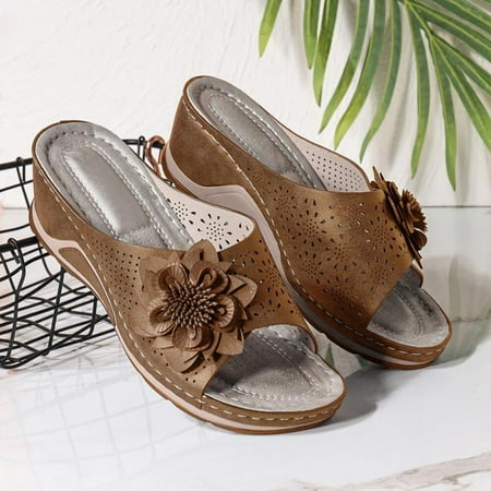 

BRISEZZS Womens Slide Sandals- Open Toe Floral Hollow Casual New Style Summer Flat Slide Sandals #556 Brown-38