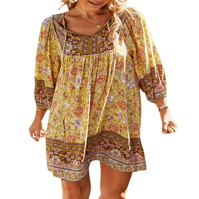 EIMELI Femmes Été Boho Imprimé Floral Robe 3/4 Manches V Cou Décontracté Plage Fluide Mini Robes