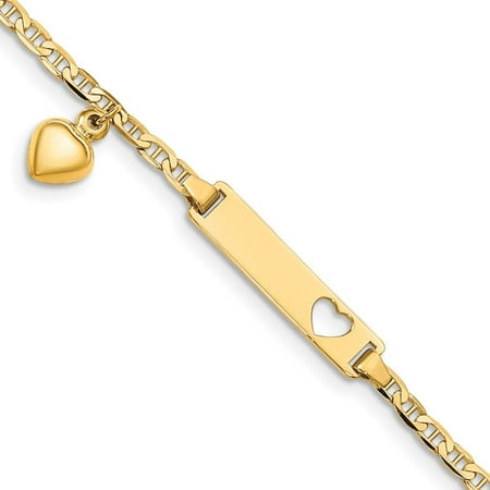 

14k Yellow Gold Polished Engravable Lobster Claw Closure Baby ID Nautical Ship Mariner Anchor With Love Heart Dangle Bra